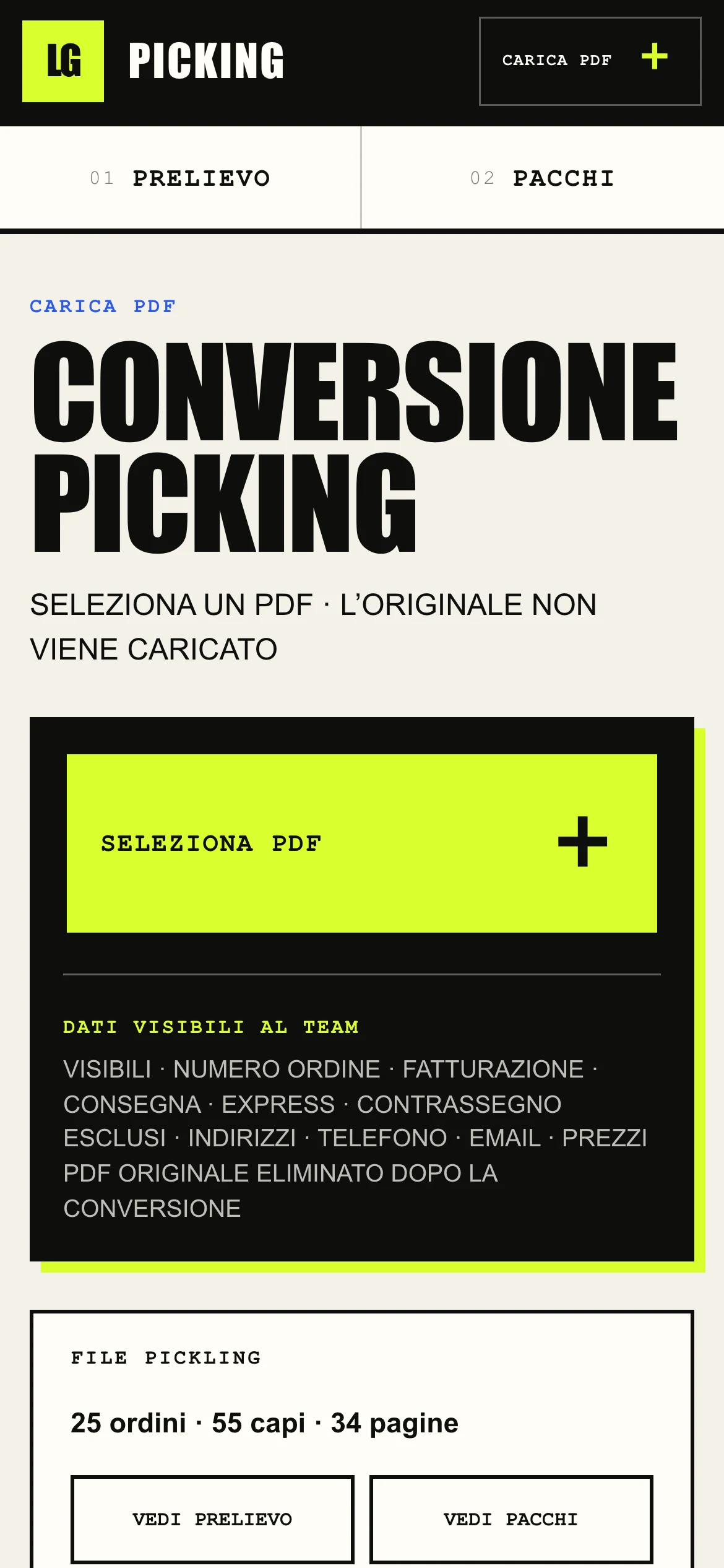 Caricamento del PDF: 25 ordini, 55 capi, indirizzi e telefoni esclusi